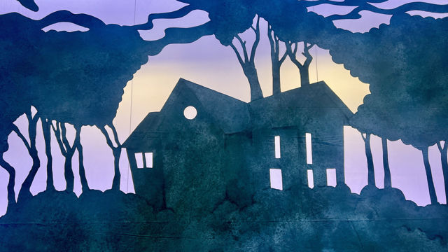 Sceneteppe som viser et hus i en skog i papercut-out-stil, blå-lilla toner